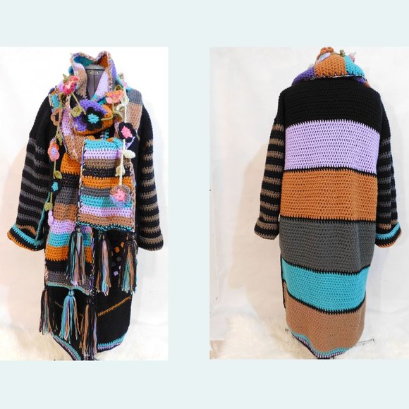 Hand Crafted Sweaters - Crochet Striped Oversize Colorful Black Sweater Coat Scarf / Flower Wrap L/Xl